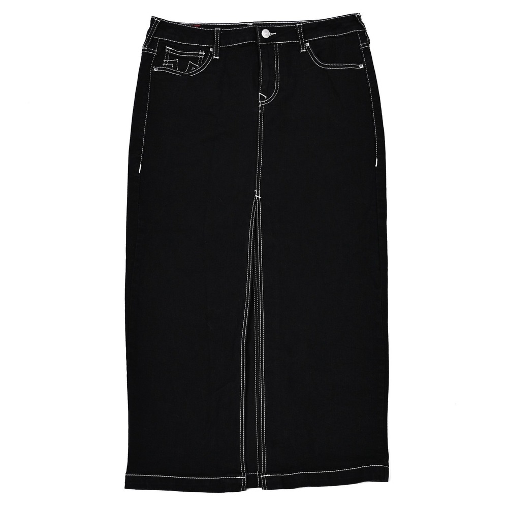True Religion Denim Maxi Skirt With Front Slit Black Rinse White Stitches 29 EUC